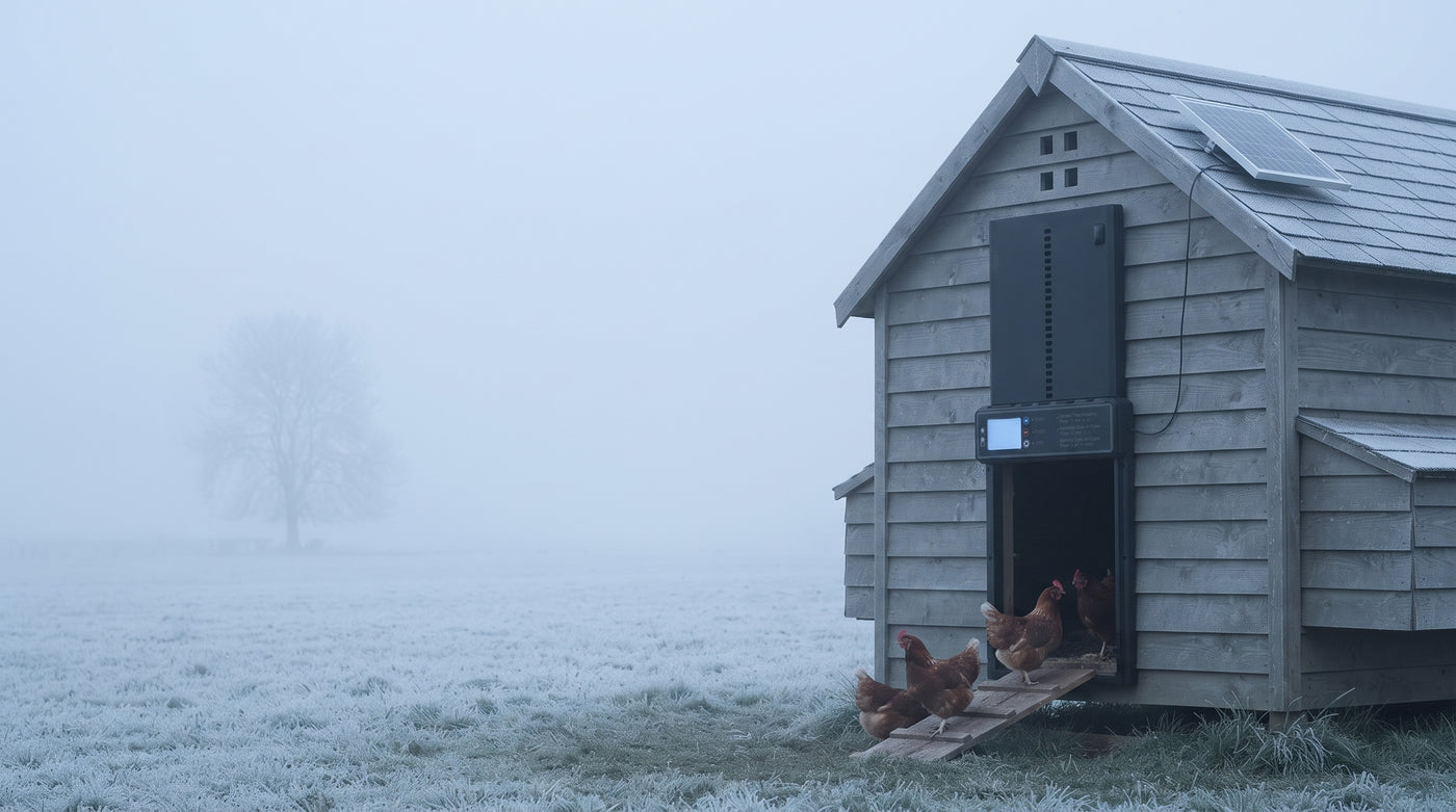 Poulailler en bois dans un pré gelé sous la brume, portier automatique sur la façade et deux poules sortant par la trappe ouverte