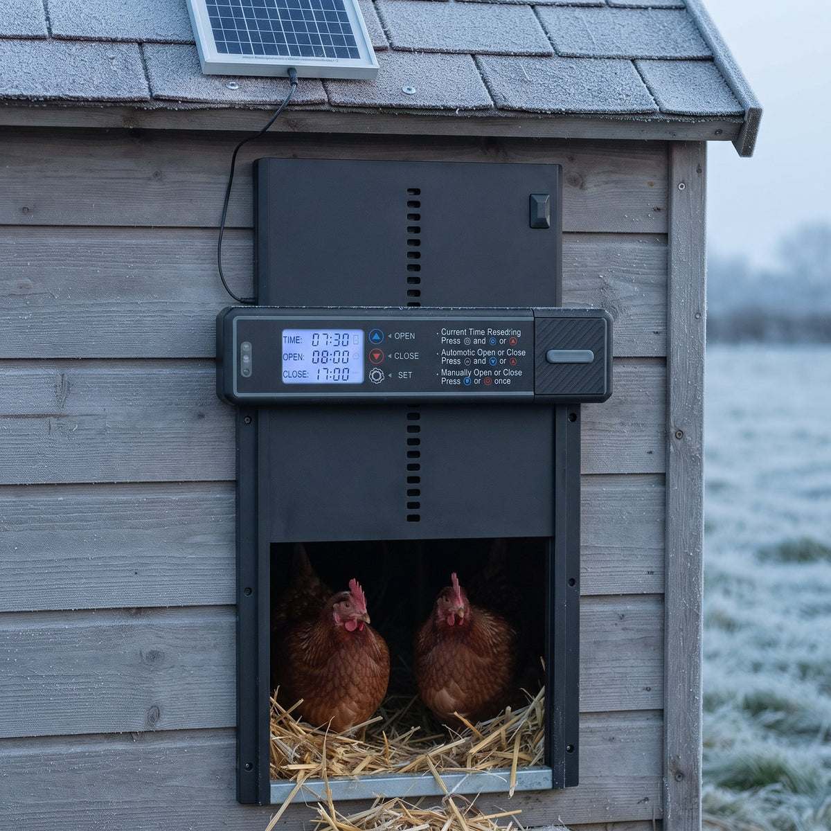 Portier automatique monté sur un poulailler en bois, panneau solaire sur le toit, deux poules sur la litière derrière la trappe relevée