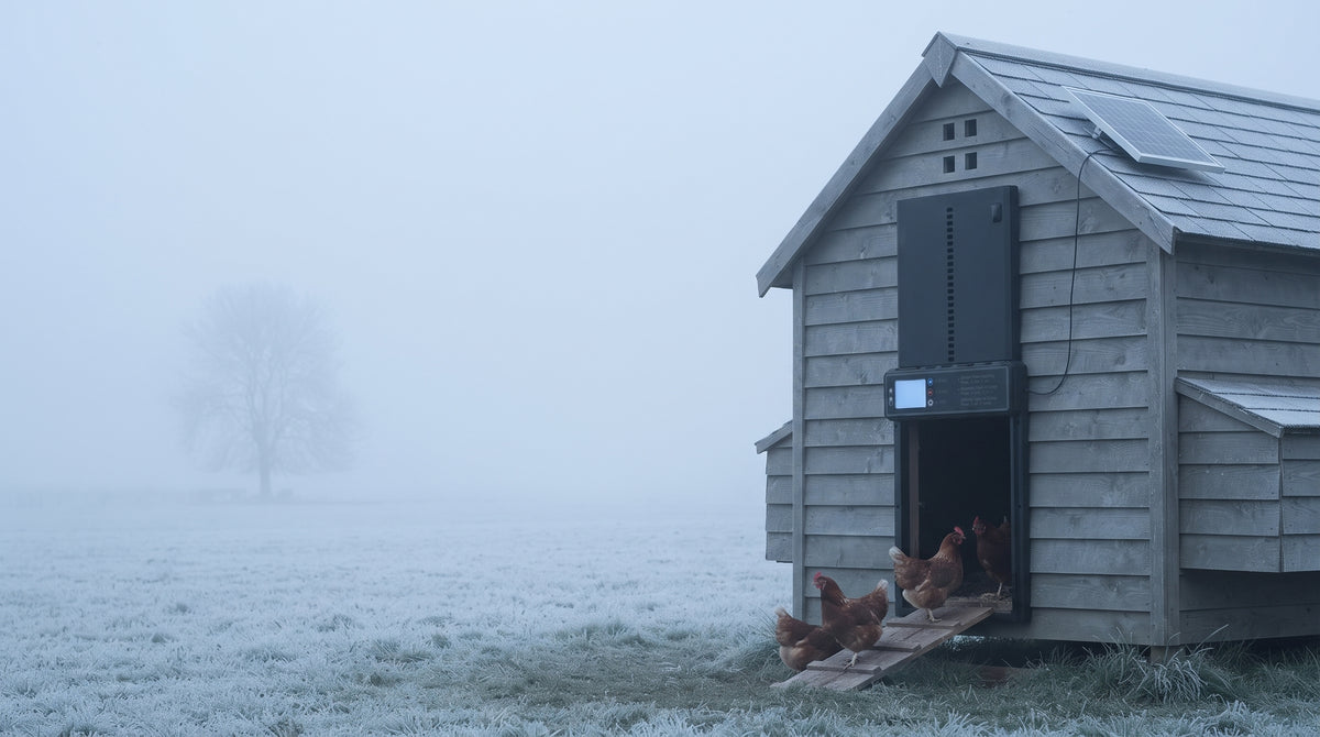 Poulailler en bois dans un pré gelé sous la brume, portier automatique sur la façade et deux poules sortant par la trappe ouverte
