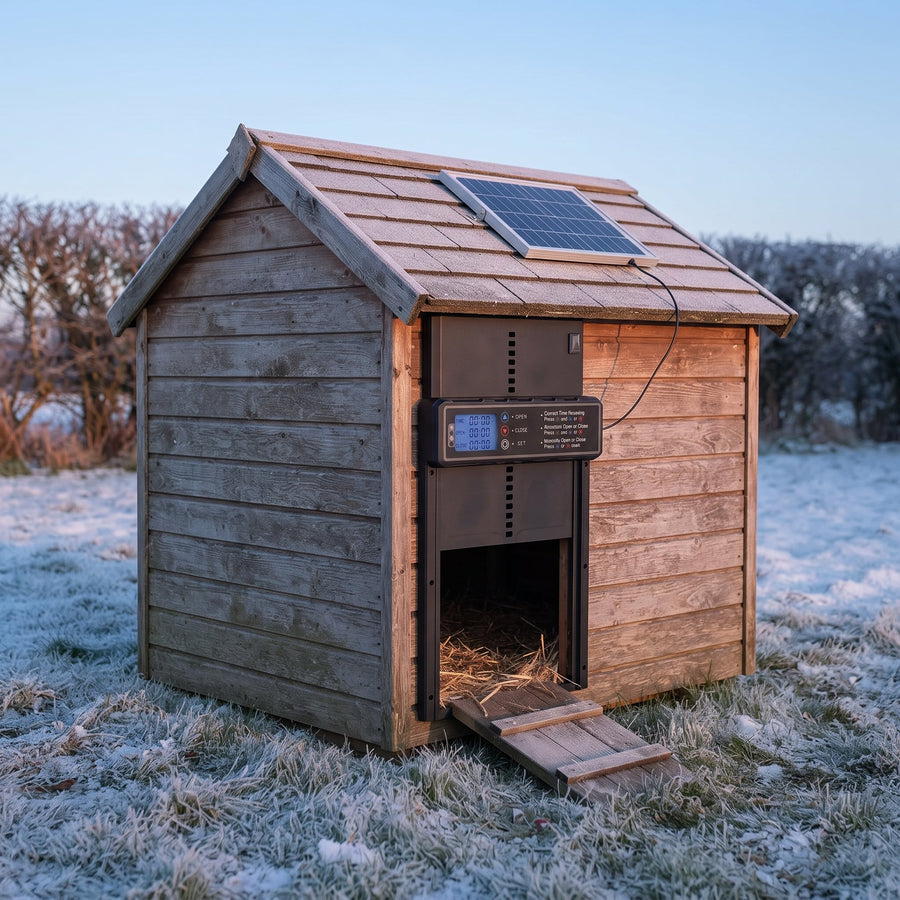 Poulailler en bois vu de trois-quarts avec son portier automatique et son panneau solaire sur le toit, un matin de gel