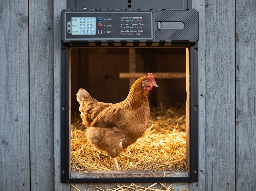 Poule brune debout sur la paille dans l’ouverture du portier automatique, vue depuis l’extérieur du poulailler