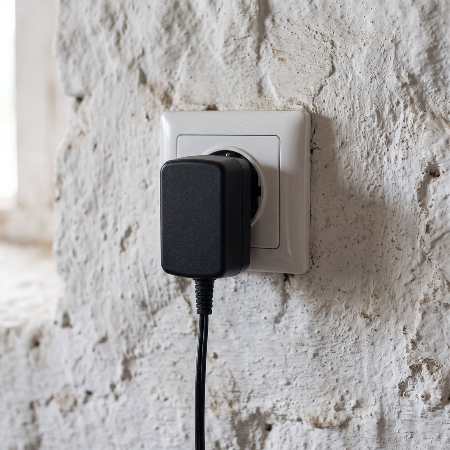 Adaptateur secteur branché sur une prise européenne, dans une dépendance