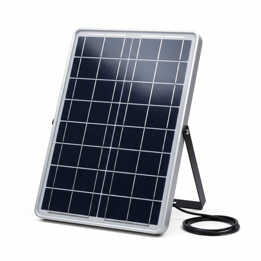 Panneau solaire de rechange sur sa béquille, avec son câble, sur fond blanc