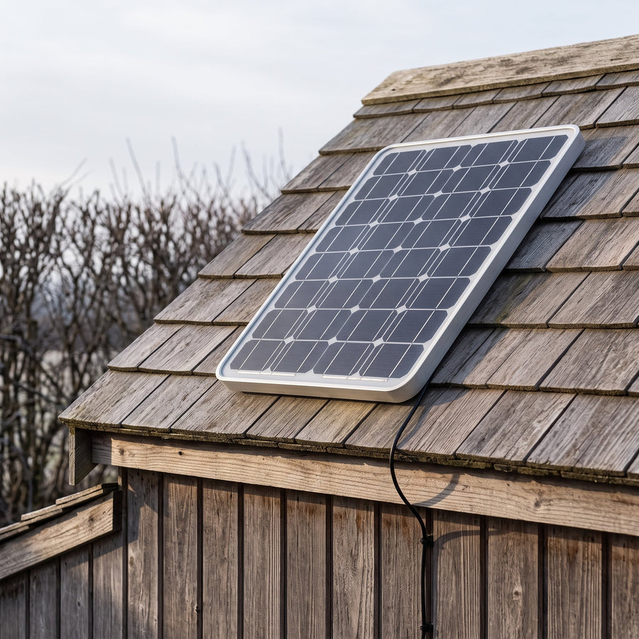 Panneau solaire fixé sur le toit d'un poulailler en bois, câble descendant le long de la paroi